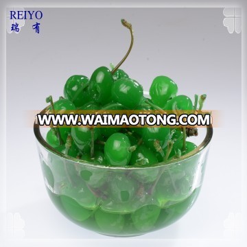 canned pitted green cherry with stem in heavy syrup